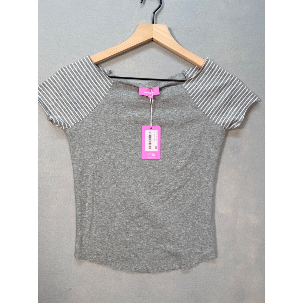 Edikted Gray Striped Raglan Short Sleeve Boat Neck Top XS NWT S20589